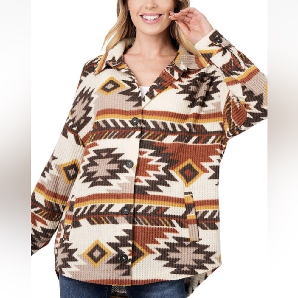 Women’s Aztec Southwestern Button Down Shacket Jacket Long Sleeve Waffle Knit S